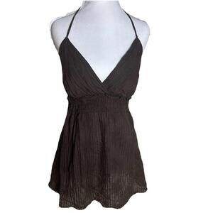 Double Hearts Brown Embroidered Semi Sheer Striped Y2K Halter Baby Doll Sz M/L